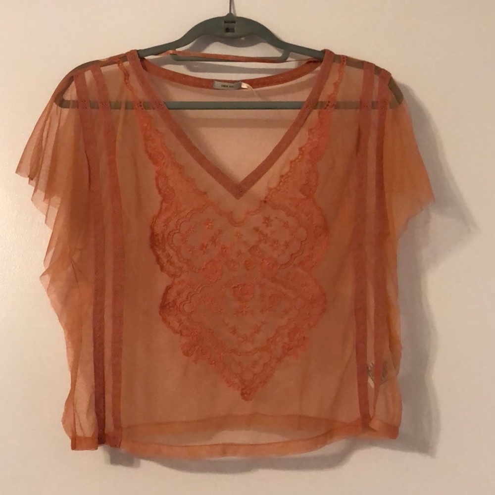 UO Orange Embroidered Sheer Mesh Festival Crop Top